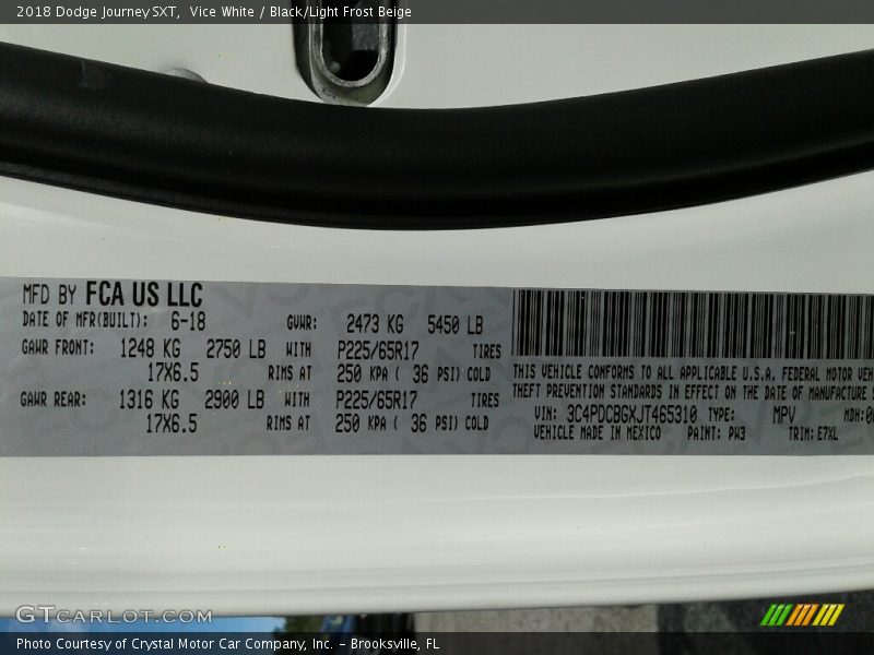 Vice White / Black/Light Frost Beige 2018 Dodge Journey SXT