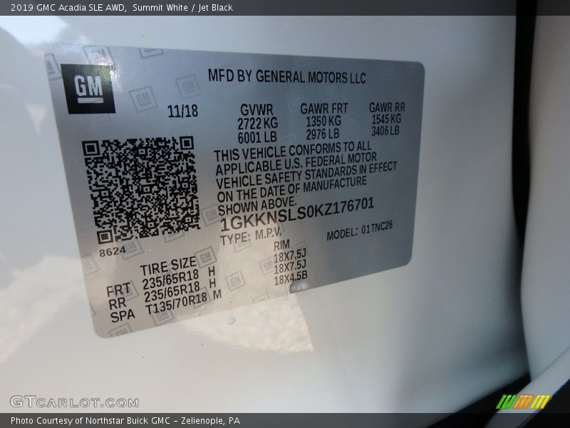 Summit White / Jet Black 2019 GMC Acadia SLE AWD