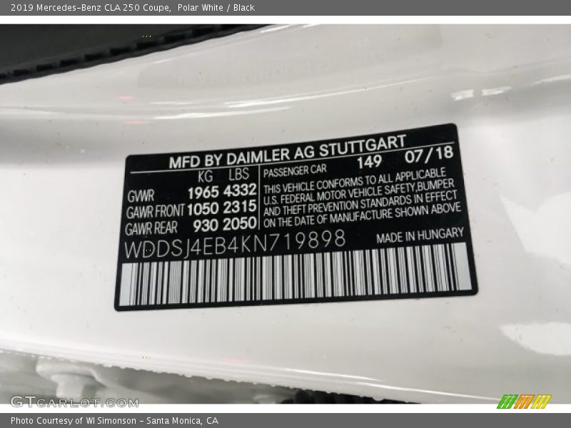 Polar White / Black 2019 Mercedes-Benz CLA 250 Coupe