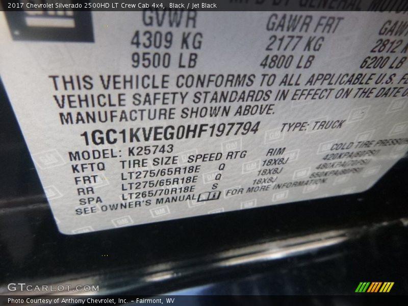 Black / Jet Black 2017 Chevrolet Silverado 2500HD LT Crew Cab 4x4