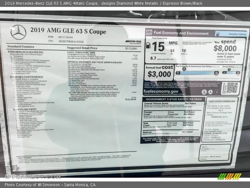  2019 GLE 63 S AMG 4Matic Coupe Window Sticker