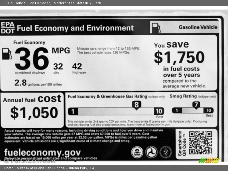 Modern Steel Metallic / Black 2019 Honda Civic EX Sedan