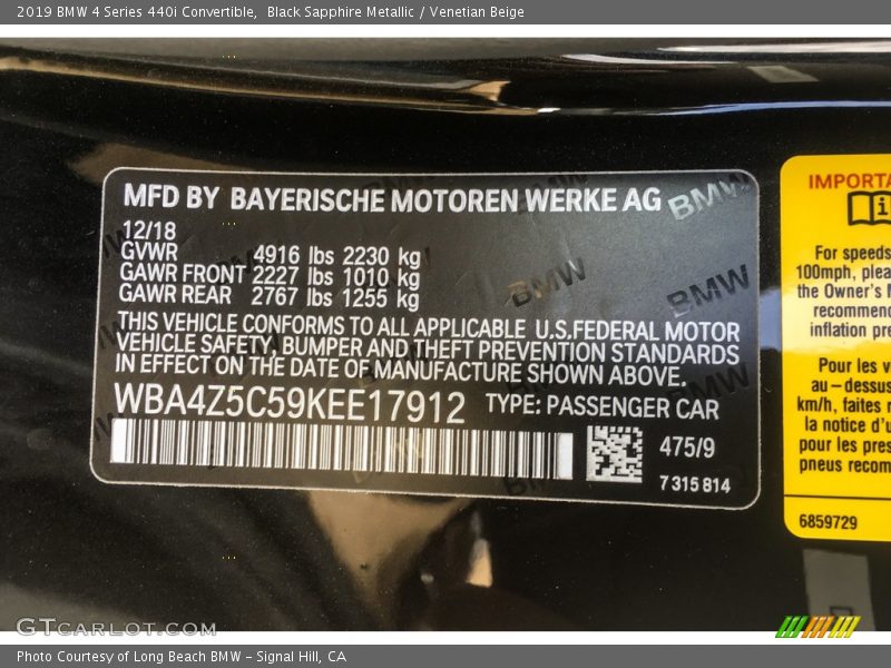 Black Sapphire Metallic / Venetian Beige 2019 BMW 4 Series 440i Convertible
