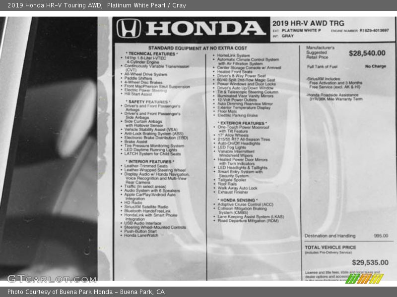 Platinum White Pearl / Gray 2019 Honda HR-V Touring AWD