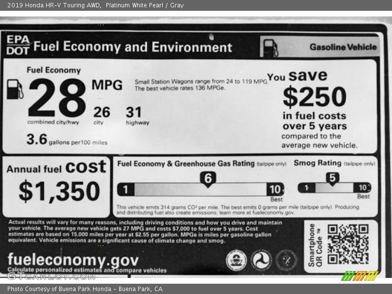 Platinum White Pearl / Gray 2019 Honda HR-V Touring AWD