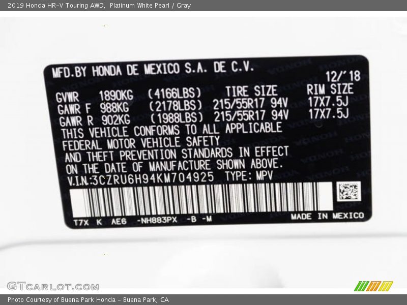 Platinum White Pearl / Gray 2019 Honda HR-V Touring AWD