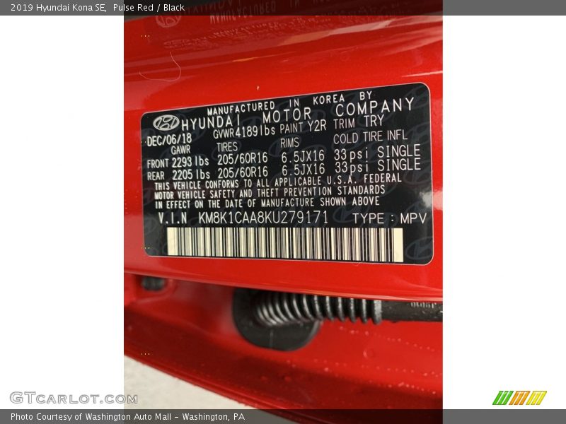 Pulse Red / Black 2019 Hyundai Kona SE
