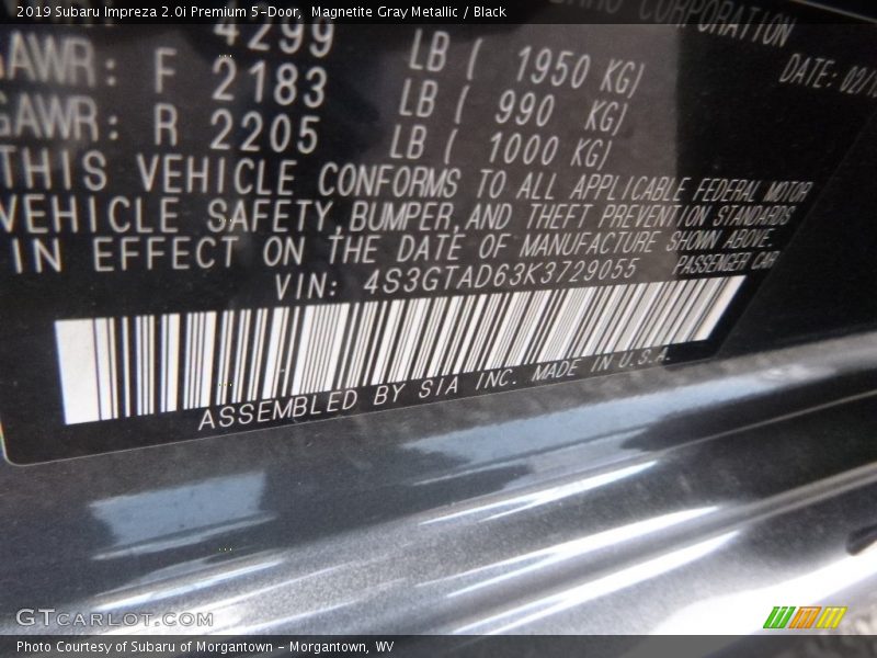 Magnetite Gray Metallic / Black 2019 Subaru Impreza 2.0i Premium 5-Door