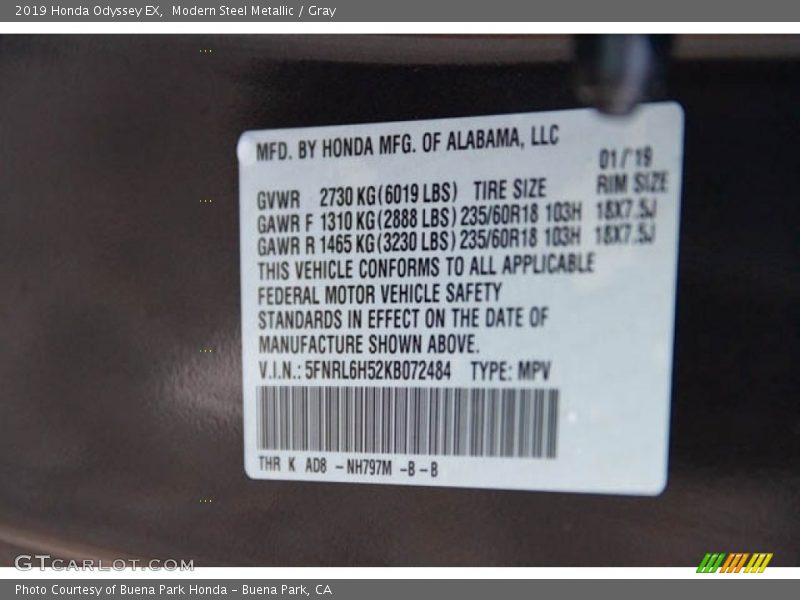 Modern Steel Metallic / Gray 2019 Honda Odyssey EX