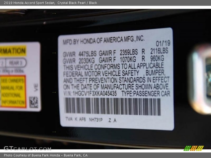 Crystal Black Pearl / Black 2019 Honda Accord Sport Sedan