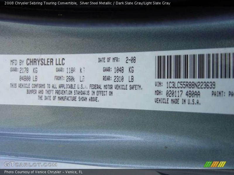 Silver Steel Metallic / Dark Slate Gray/Light Slate Gray 2008 Chrysler Sebring Touring Convertible