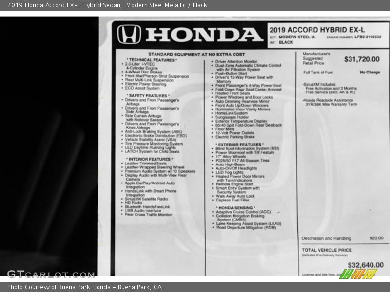 Modern Steel Metallic / Black 2019 Honda Accord EX-L Hybrid Sedan