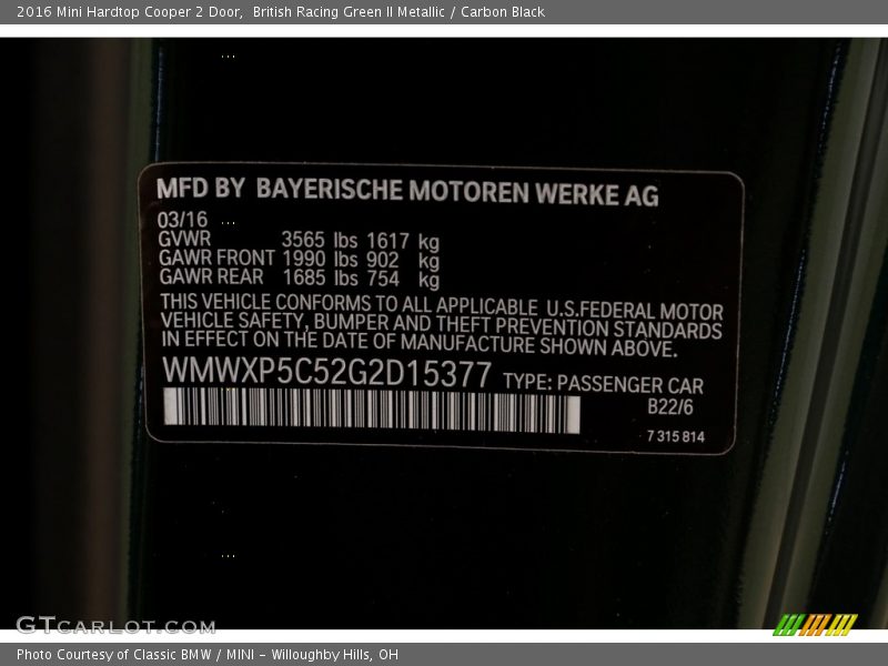 British Racing Green II Metallic / Carbon Black 2016 Mini Hardtop Cooper 2 Door