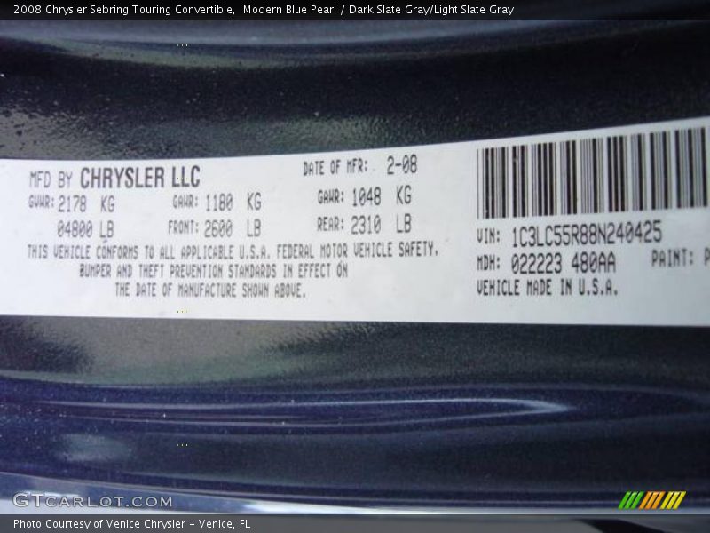 Modern Blue Pearl / Dark Slate Gray/Light Slate Gray 2008 Chrysler Sebring Touring Convertible