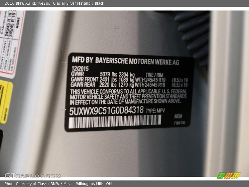 Glacier Silver Metallic / Black 2016 BMW X3 xDrive28i