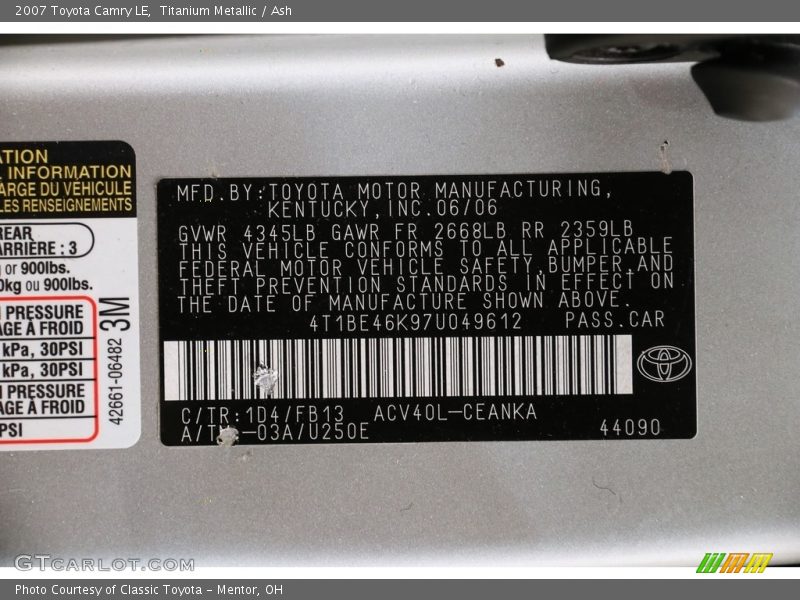 Titanium Metallic / Ash 2007 Toyota Camry LE