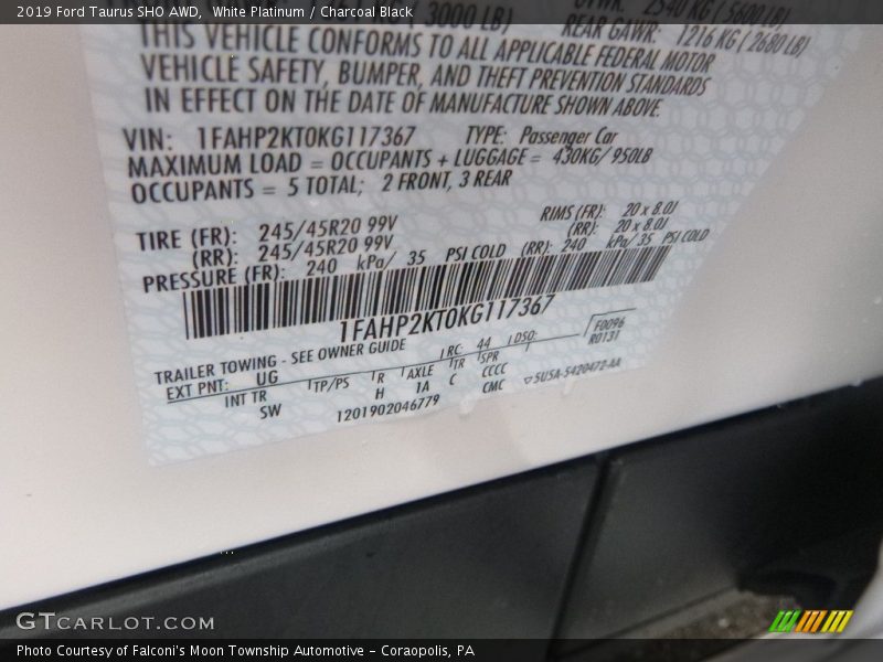 2019 Taurus SHO AWD White Platinum Color Code UG
