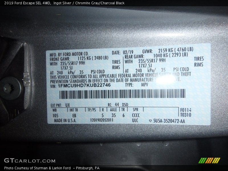 Ingot Silver / Chromite Gray/Charcoal Black 2019 Ford Escape SEL 4WD