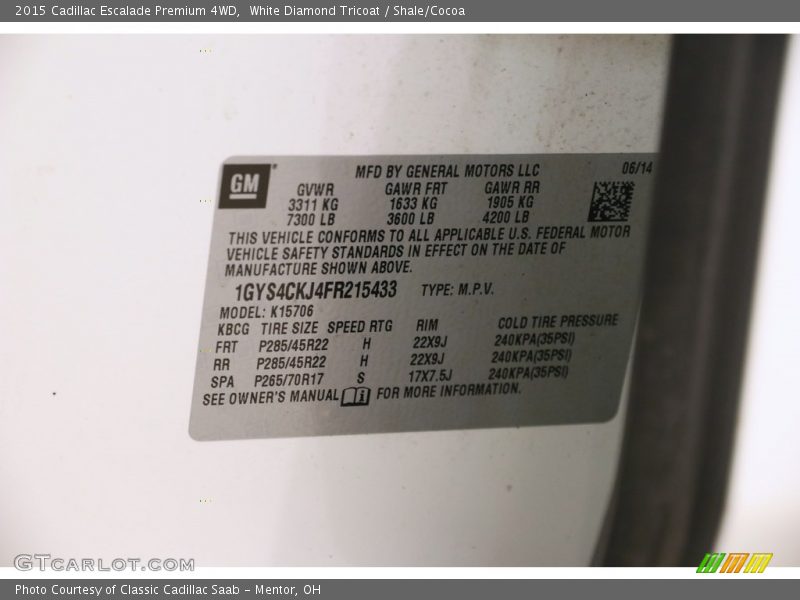 White Diamond Tricoat / Shale/Cocoa 2015 Cadillac Escalade Premium 4WD