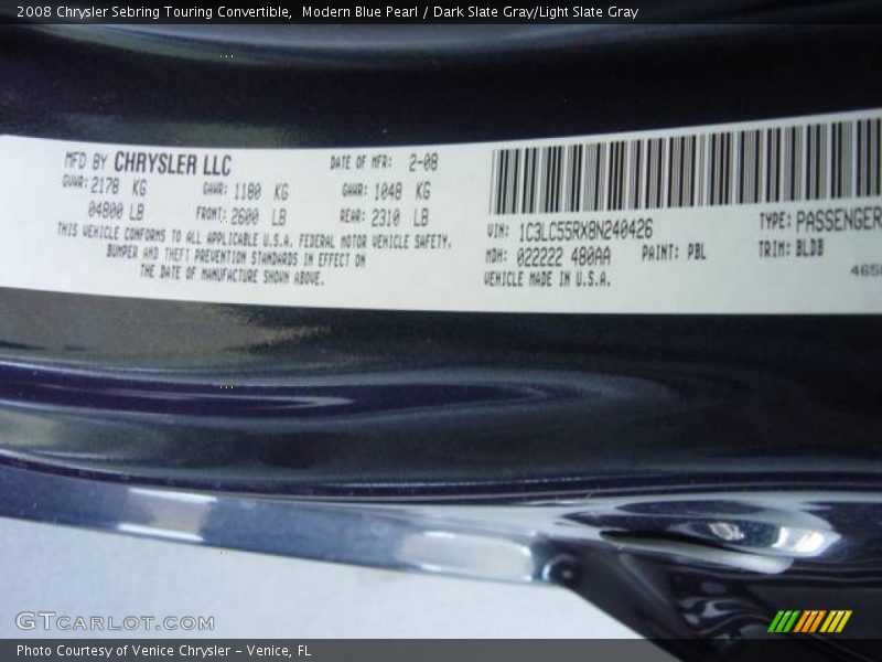 Modern Blue Pearl / Dark Slate Gray/Light Slate Gray 2008 Chrysler Sebring Touring Convertible