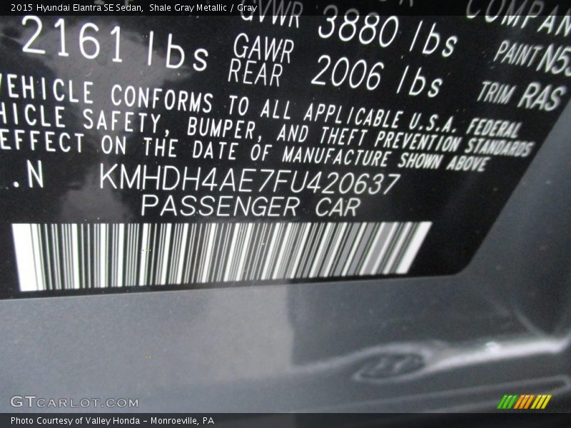 Shale Gray Metallic / Gray 2015 Hyundai Elantra SE Sedan