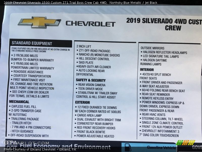  2019 Silverado 1500 Custom Z71 Trail Boss Crew Cab 4WD Window Sticker