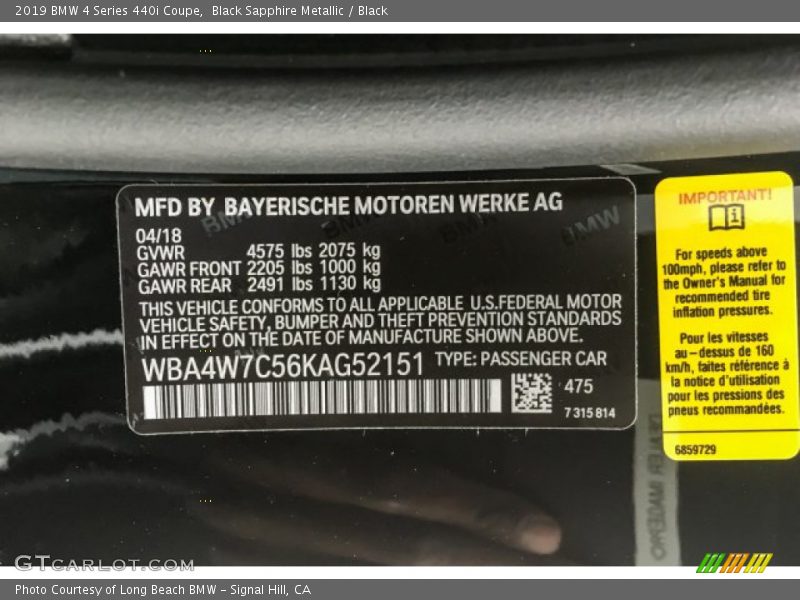 Black Sapphire Metallic / Black 2019 BMW 4 Series 440i Coupe