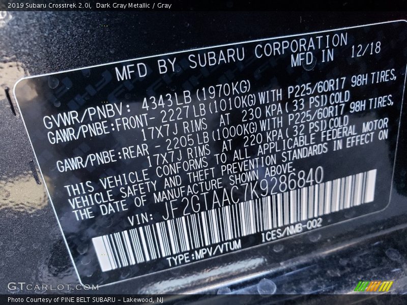 Dark Gray Metallic / Gray 2019 Subaru Crosstrek 2.0i