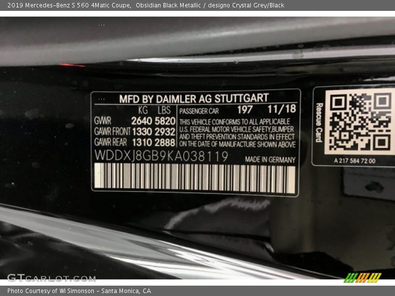 Obsidian Black Metallic / designo Crystal Grey/Black 2019 Mercedes-Benz S 560 4Matic Coupe