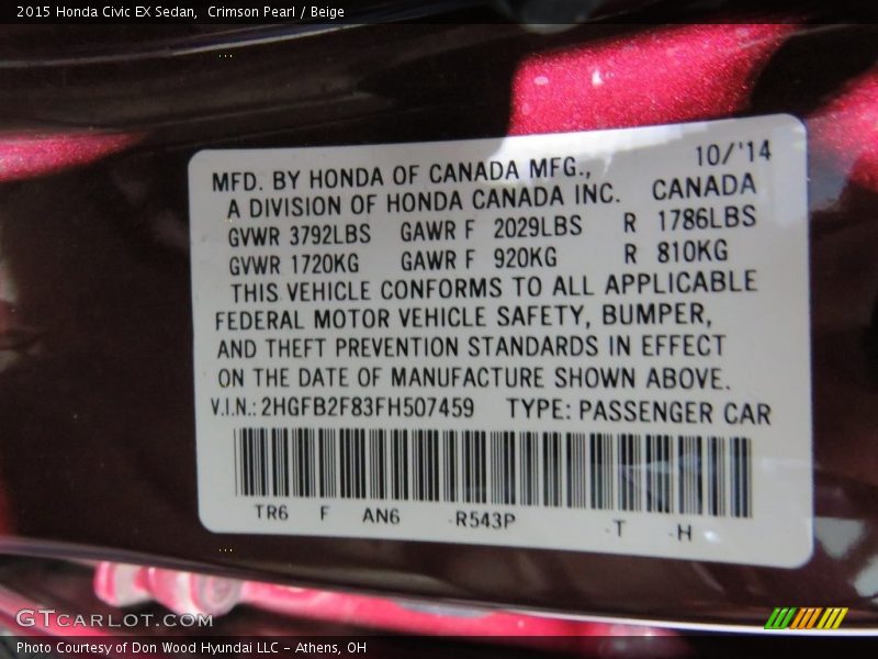 Crimson Pearl / Beige 2015 Honda Civic EX Sedan