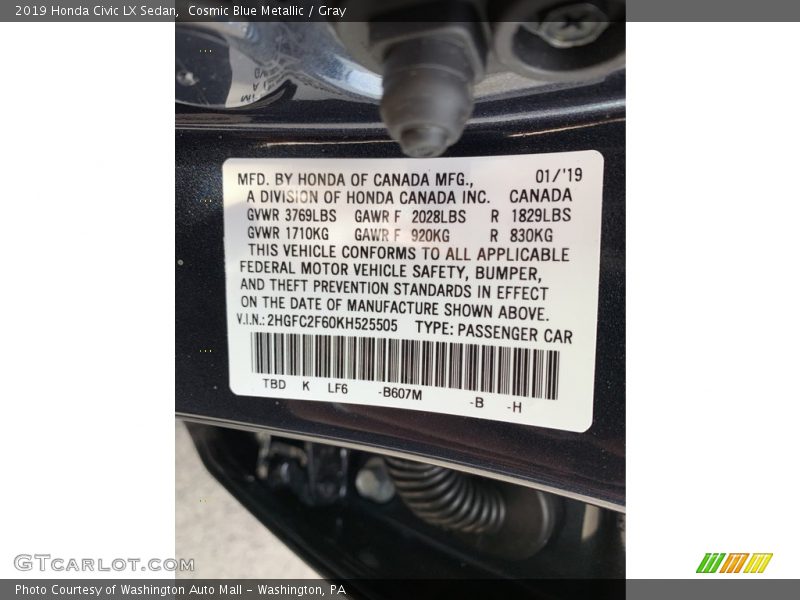 Cosmic Blue Metallic / Gray 2019 Honda Civic LX Sedan