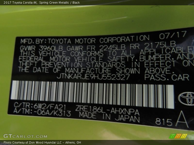 Spring Green Metallic / Black 2017 Toyota Corolla iM