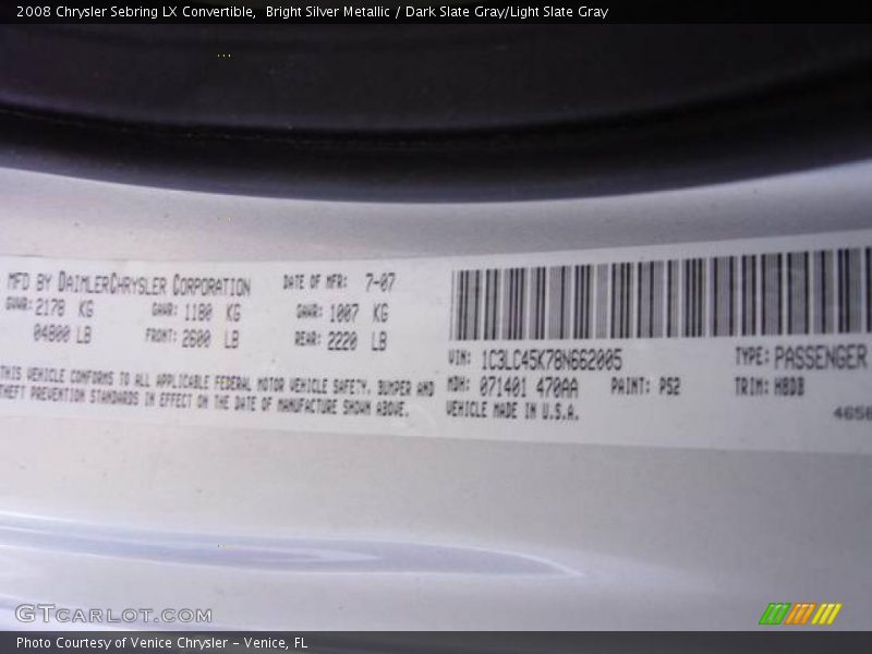 Bright Silver Metallic / Dark Slate Gray/Light Slate Gray 2008 Chrysler Sebring LX Convertible