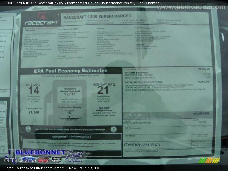Performance White / Dark Charcoal 2008 Ford Mustang Racecraft 420S Supercharged Coupe