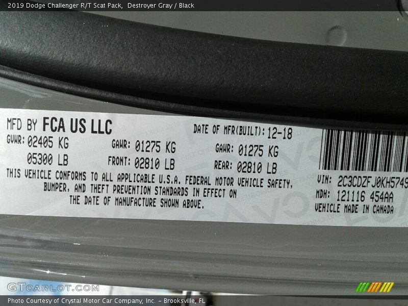 Destroyer Gray / Black 2019 Dodge Challenger R/T Scat Pack