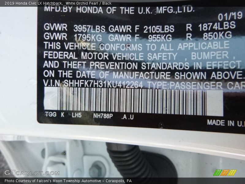 White Orchid Pearl / Black 2019 Honda Civic LX Hatchback