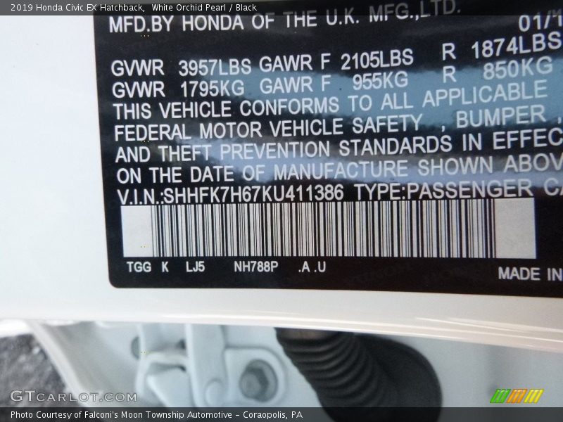 White Orchid Pearl / Black 2019 Honda Civic EX Hatchback