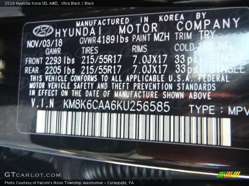Ultra Black / Black 2019 Hyundai Kona SEL AWD