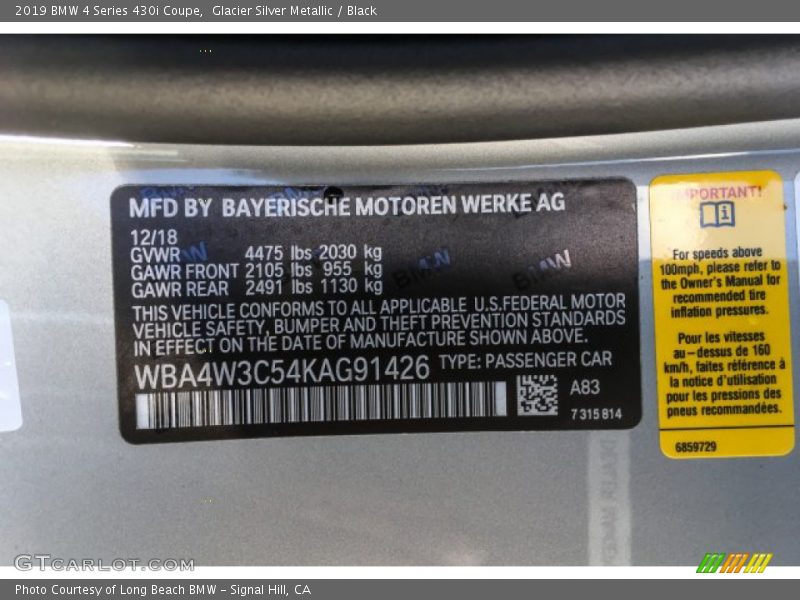 Glacier Silver Metallic / Black 2019 BMW 4 Series 430i Coupe