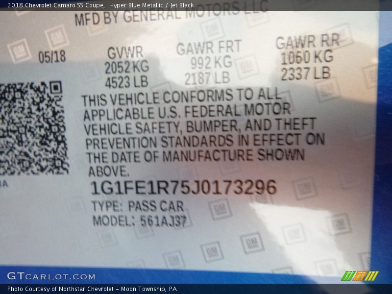 Hyper Blue Metallic / Jet Black 2018 Chevrolet Camaro SS Coupe