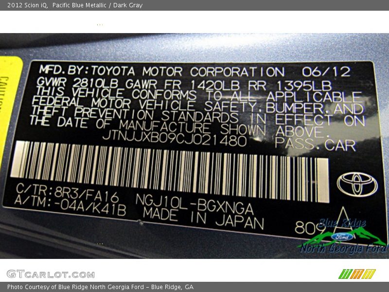 Pacific Blue Metallic / Dark Gray 2012 Scion iQ