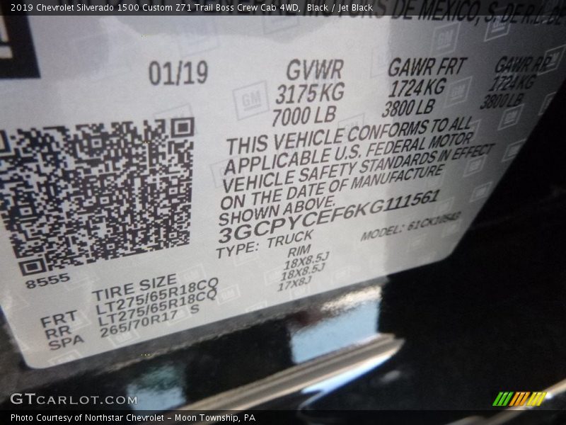 Black / Jet Black 2019 Chevrolet Silverado 1500 Custom Z71 Trail Boss Crew Cab 4WD
