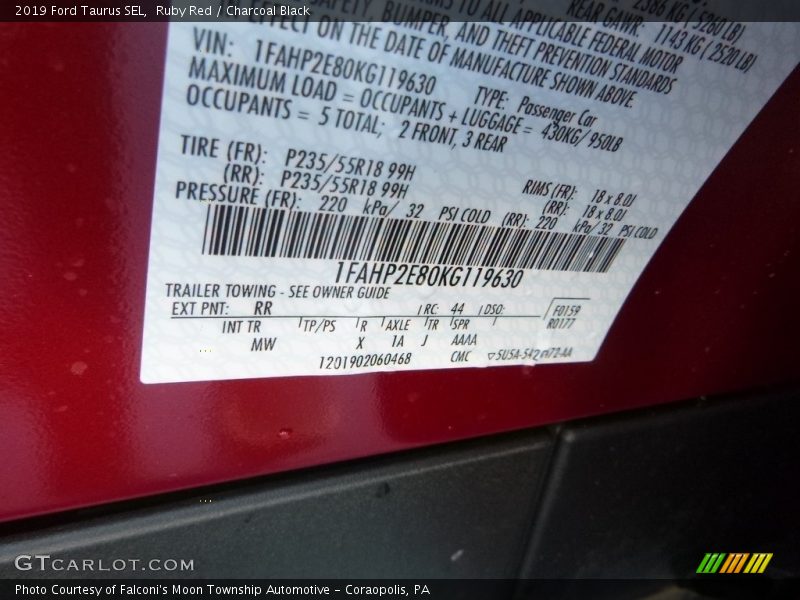 Ruby Red / Charcoal Black 2019 Ford Taurus SEL