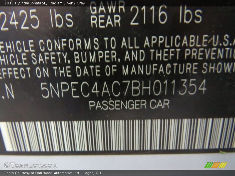 Radiant Silver / Gray 2011 Hyundai Sonata SE