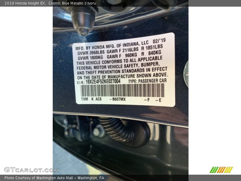 Cosmic Blue Metallic / Ivory 2019 Honda Insight EX