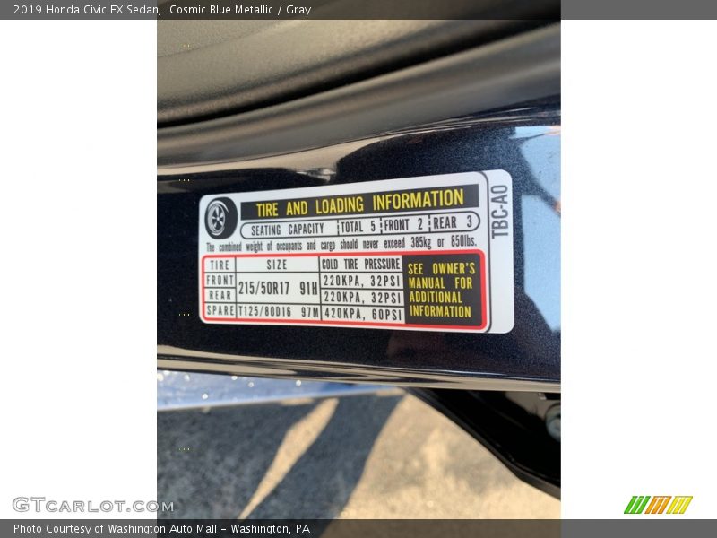 Cosmic Blue Metallic / Gray 2019 Honda Civic EX Sedan