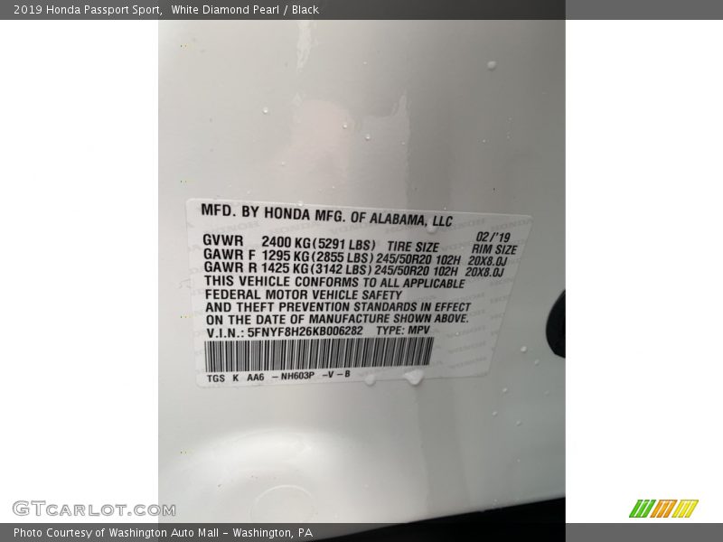 White Diamond Pearl / Black 2019 Honda Passport Sport