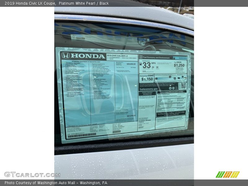 Platinum White Pearl / Black 2019 Honda Civic LX Coupe
