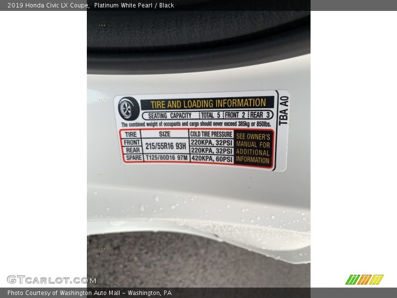 Platinum White Pearl / Black 2019 Honda Civic LX Coupe