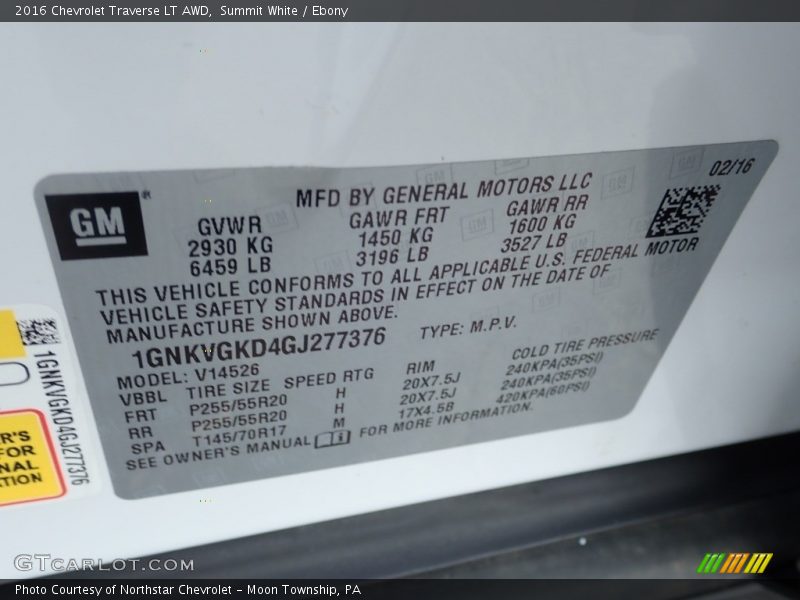 Summit White / Ebony 2016 Chevrolet Traverse LT AWD